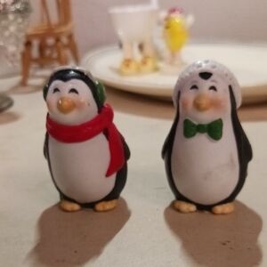 Cute Penguin Figurines with Red and Green Accents
